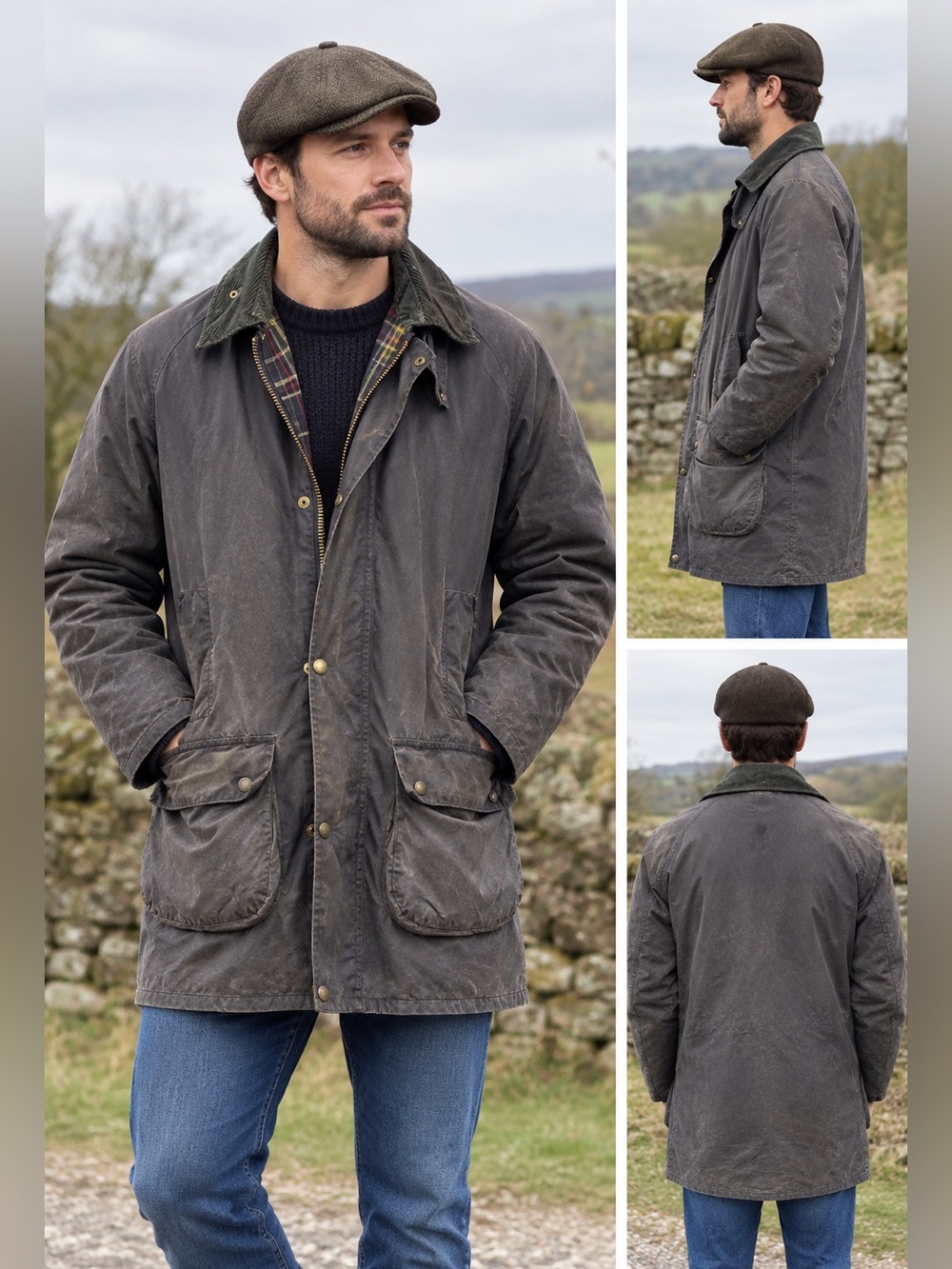 Vintage Barbour Border Waxed Jacket C38 med 1991 Three Royal Warrants Distress
